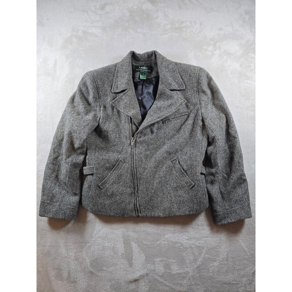Lauren Ralph Lauren Jacket Women 8 Grey Wool Moto Blazer Asymmetrical Lined Read